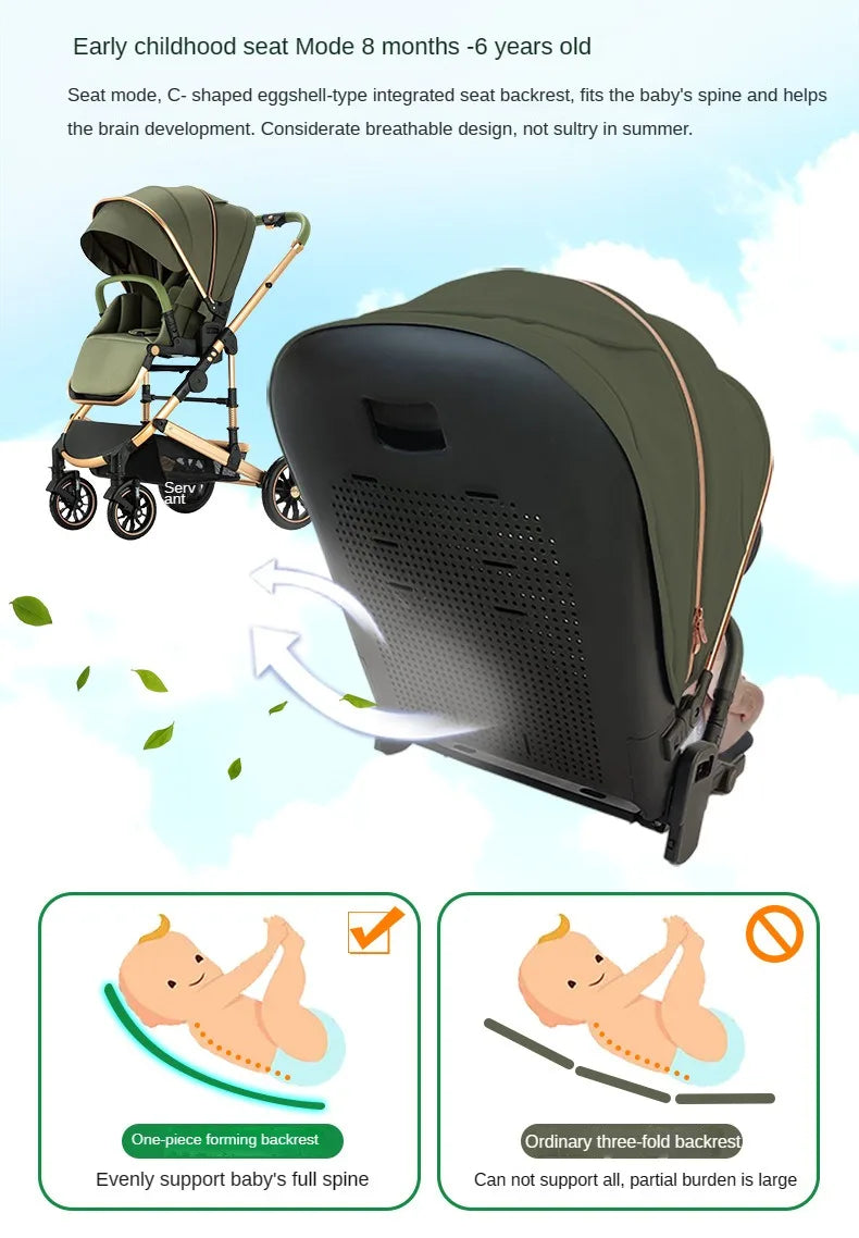 High View Two-way Stroller Eggshell Sleeping Basket Can Sit or Lie Down Lightweight Four Wheel Stroller Luxury Trolley Pushchai
