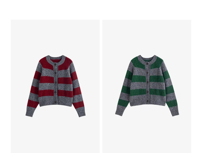 TOYOUTH Women Sweater 2025 Autumn New Color Contrasting Lulu Style Striped Cardigan Tops