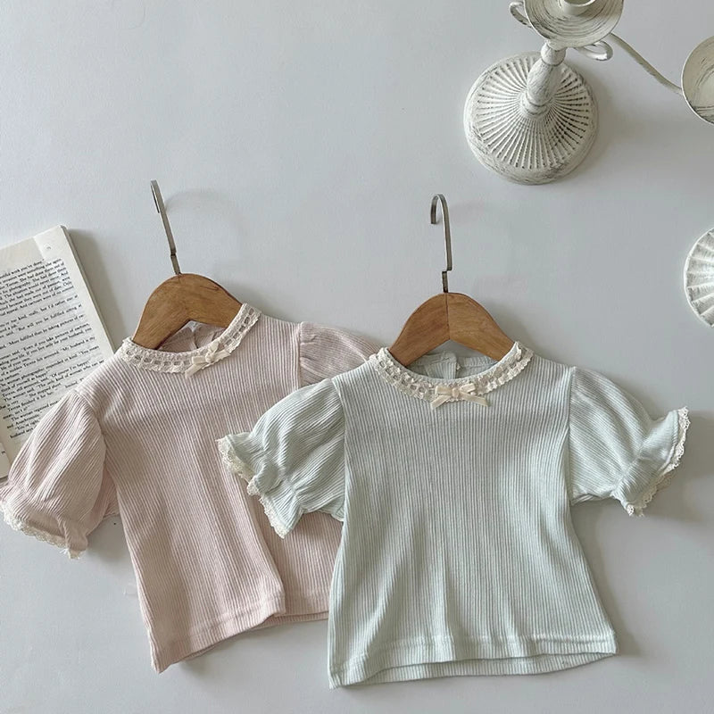 2024 New Summer 0-24M Children Clothes Newborn Baby Girl T-shirt Short Sleeved Cotton Lace Splicing Toddler Baby Girls Pullover