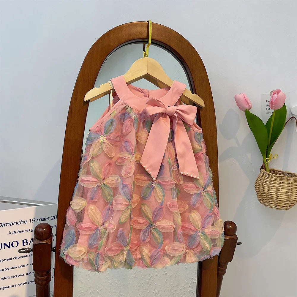 Bear Leader Girl Dress 2025 Summer New Girl Dress Princess Dress Little Girl Fashion Colorful Flower Yarn Dresses Kid Clothes