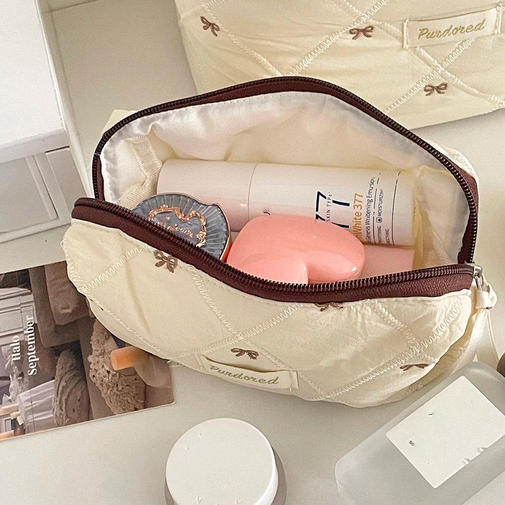 Fashion Brown Bow Cake Women Makeup Zipper Bag Large Capacity Tote Organizer Toiletry Cosmetic Pouch Ladies Make Up Handbag