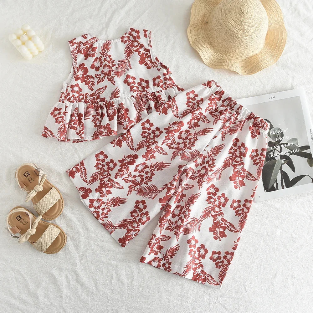 Bear Leader Girls Netflix Tops Wide-legged Pants Set Summer 2026 New Fashion Temperament Retro Floral Two-piece Girls Clothing