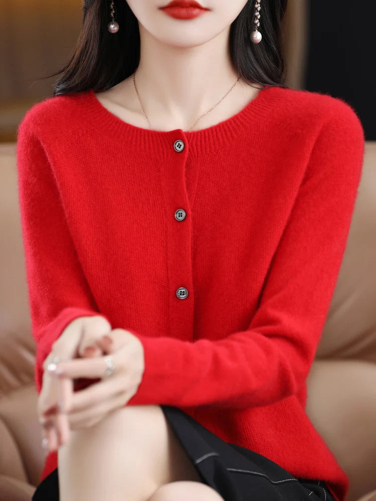 Women Cashmere Sweater 100% Merino Wool Knitted Cardigan Autumn Winter  Knitwear O-Neck Female  Solid Color Casual Fashion Top