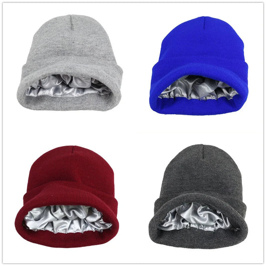 Men Women Satin Lined Knit Beanie Hat Acrylic Winter Caps Silky Lining Soft Slouchy Warm Cuffed Bonnets Also for Youth Boy Girl