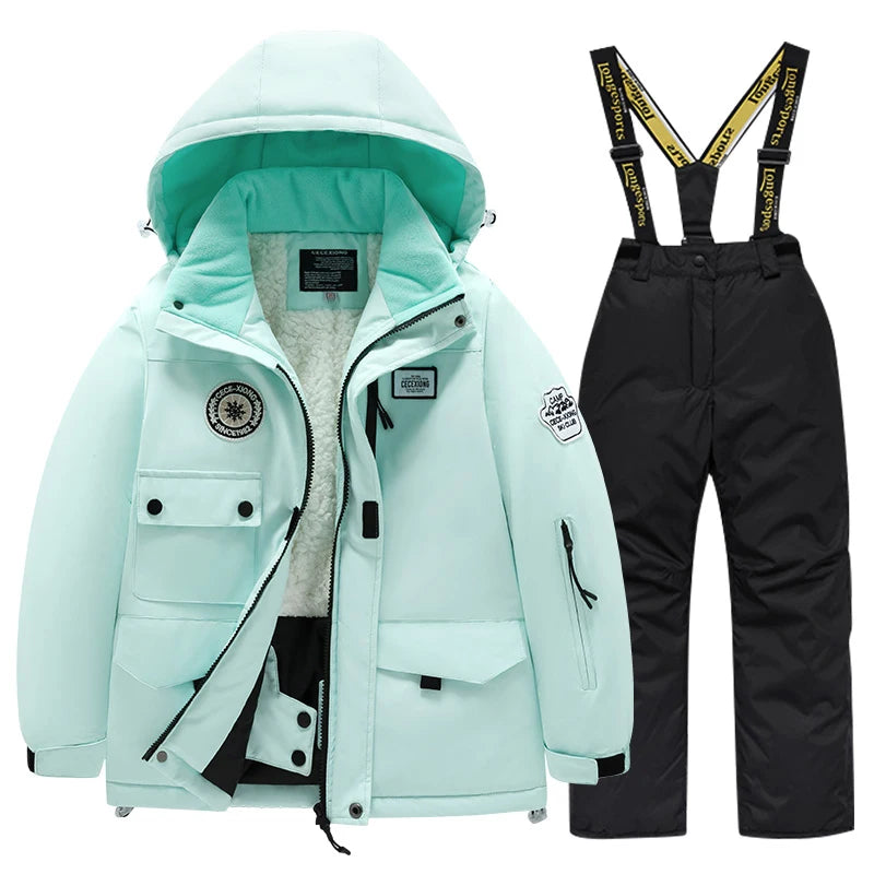 Winter children's skiing suit for boys and girls, windproof and waterproof thick coat for warmth and snow playing equipment