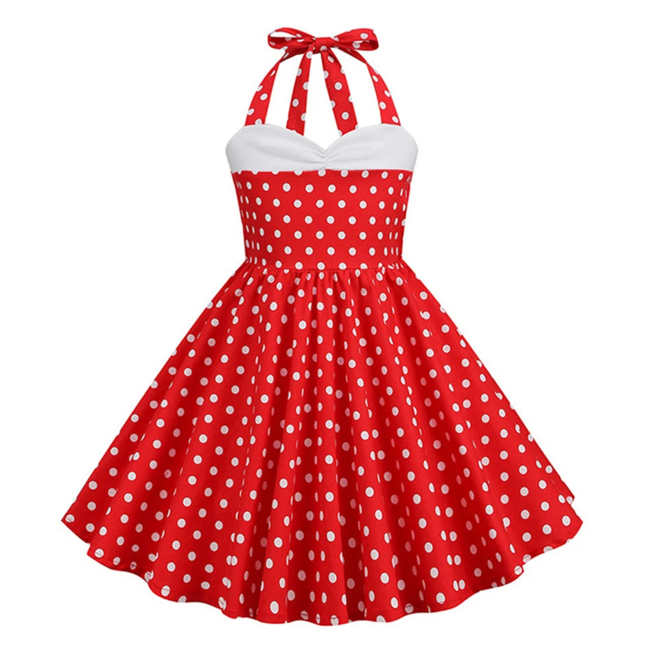 Vintage Polka Dot Halter Dress 50s Audrey Retro Swing Party Dress Print Sleeveless A-Line Casual Dress Toddler Girls Clothes