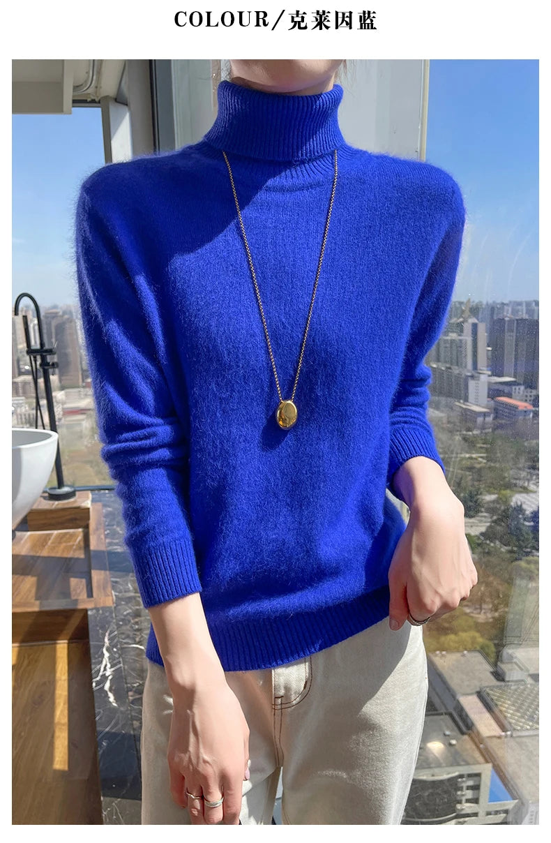 100% Mink Cashmere Top-Lapel Women Sweater Long-sleeves Fashion High-elasticity Sexy Winter Knitted Pullover Girl Tops 2024