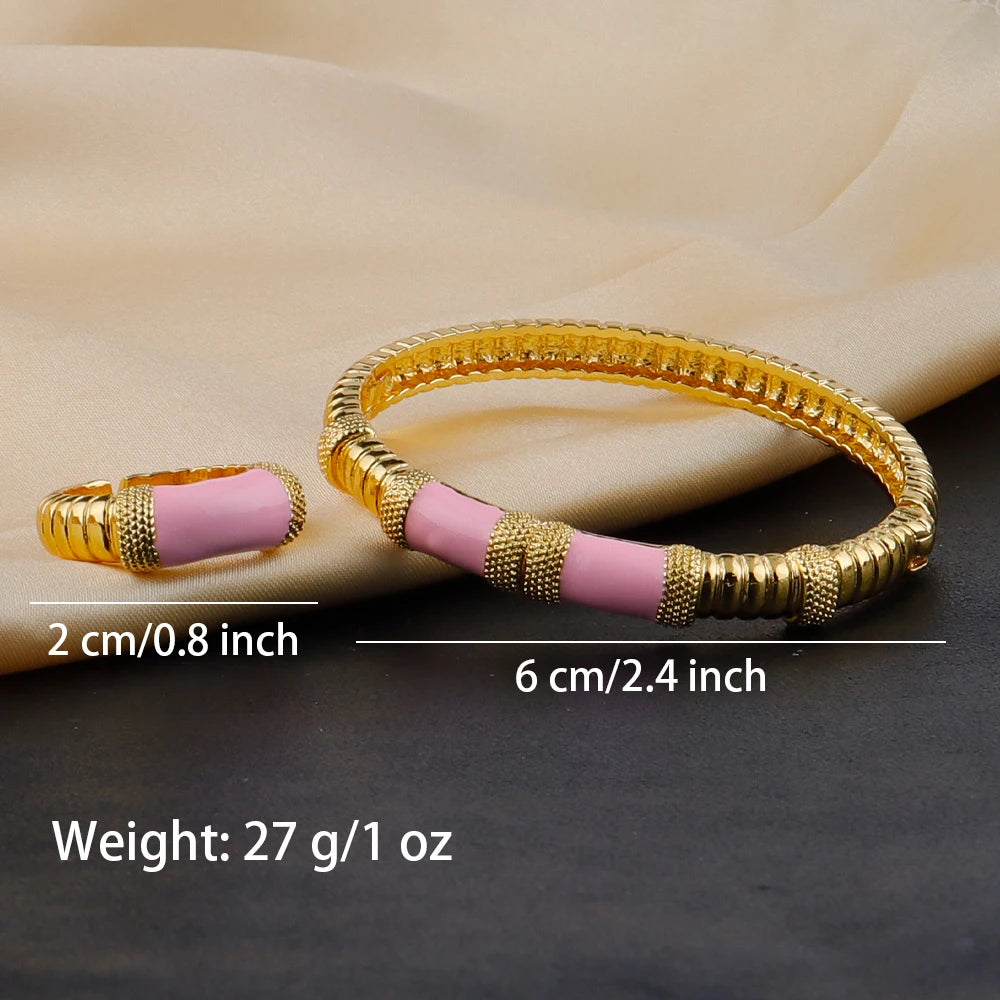 18K Gold Color Plated Dubai Bracelets Luxury Arabian Wedding Jewelry Sets, Hidden Buckle Women’s Bracelets and Rings Jewelry Set