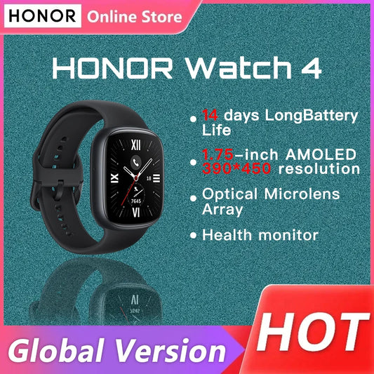 Global Version HONOR Watch 4 1.75" AMOLED Display 5ATM Heart Rate Blood Oxygen Monitor GPS 14 Days Long Battery Smart Watch