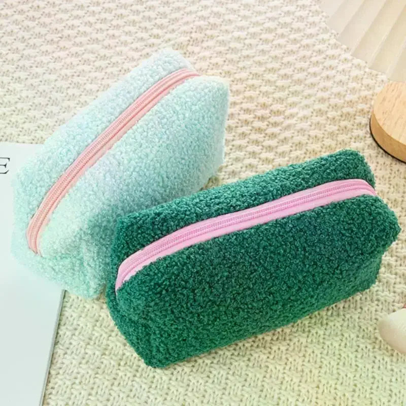 Cute Plush Makeup Bag For Women Portable Travel Small Cosmetic Bags Solid Color Zipper Toiletry Bag Washing Pouch Storage Bags