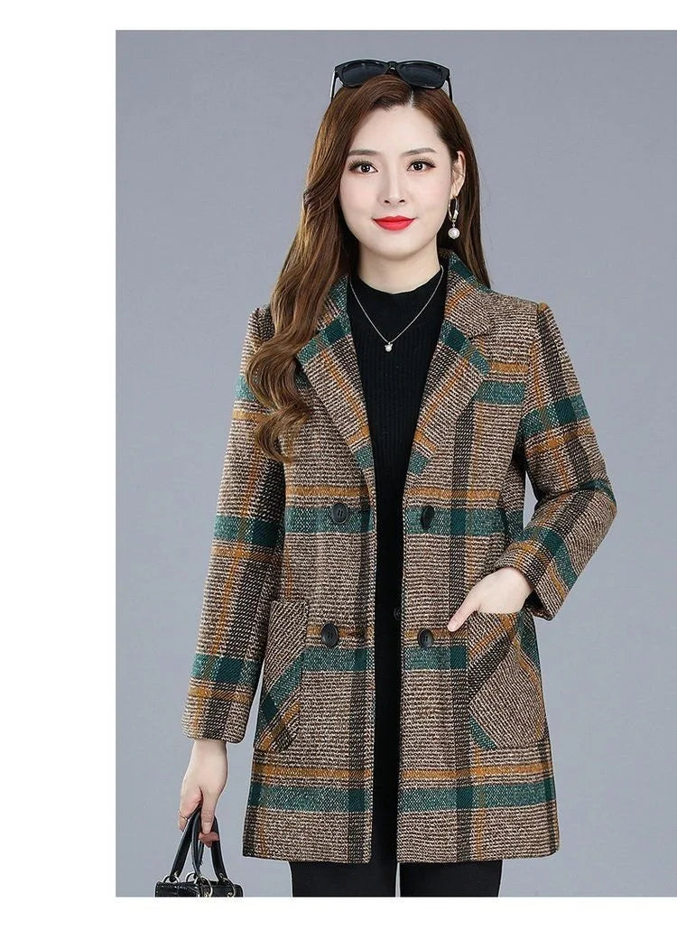 Mother's clothing Plaid Woolen Jacket 5xl Autumn Winter Female Thicken Slim Middle length Outwear Korea Women's Casual Wool Coat