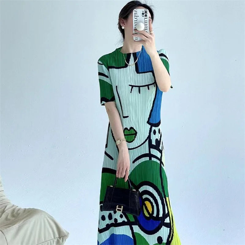 Long Dresses Womens Dresses Spring and Summer new Cartoon Printing Short Sleeve Temperament Fashion Loose Long Dress Female