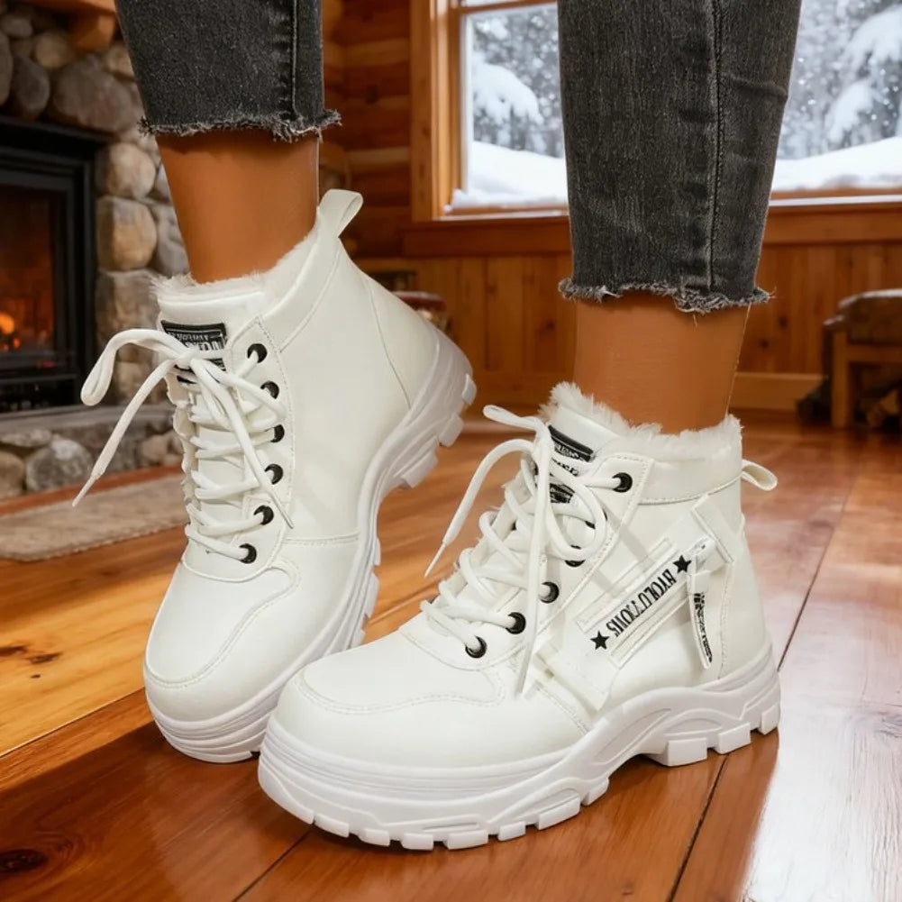 Women's Winter Snow Boots Warm Plush Lined Lace Up Chunky Platform Sneaker Booties Side Zipper Outdoor Walking Shoes for Ladies