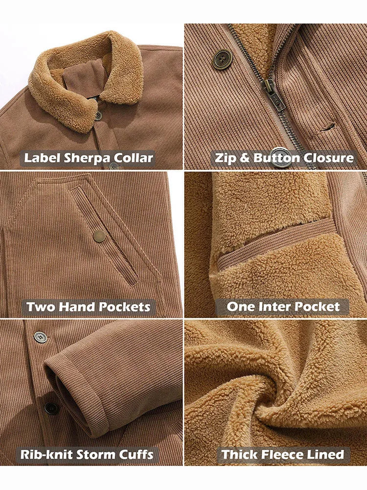 Men's Winter Corduroy Jacket Fleece Warm  Lined Cargo Work Jacket Casual Thick Sherpa Collar Trucker Deck Navy Coats