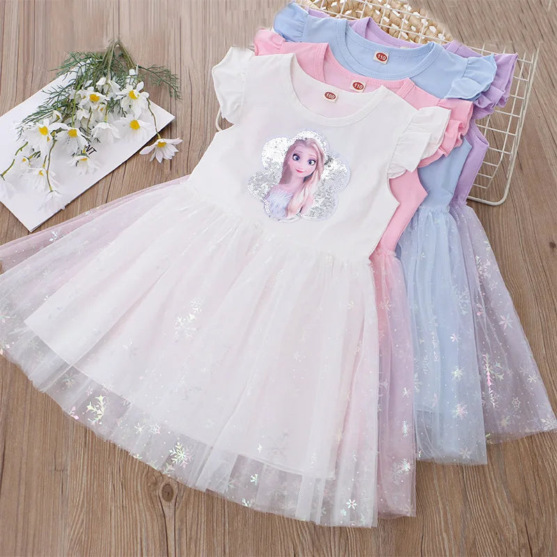 Girls Frozen Elsa Princess Dresses 2022 Summer Kids Flying Sleeve Sequins Dress Cartoon Tulle Poncho Skirt Children Party Costum