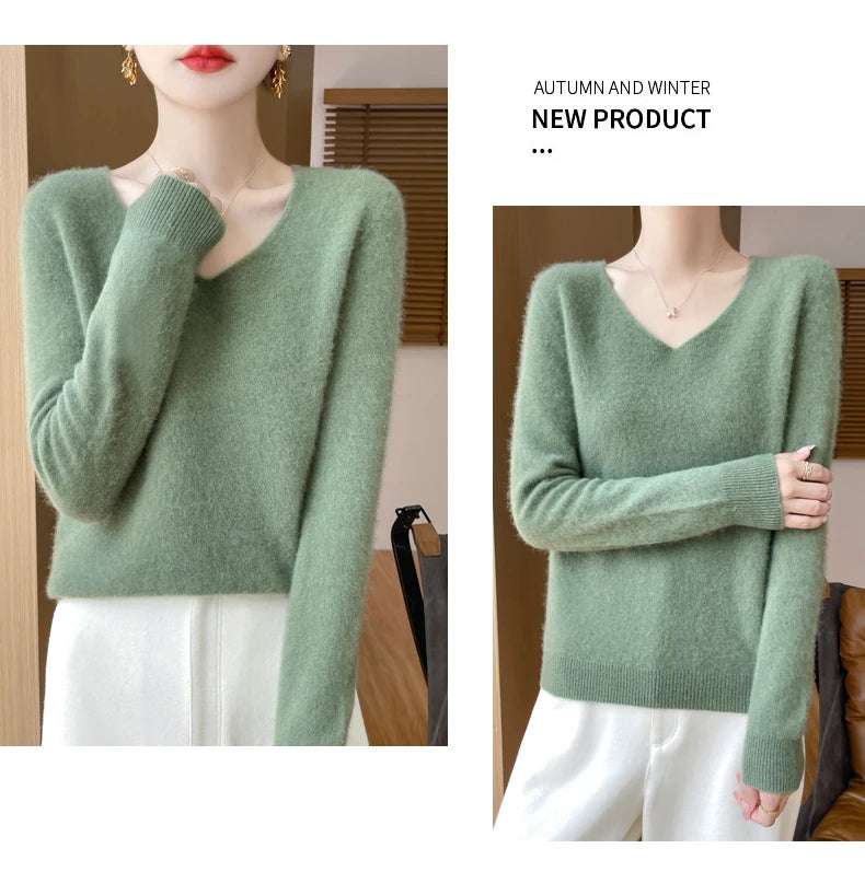Fashion Pullover 100% Merino Wool Women Sweater V-Neck Long Sleeve Basic Jumper Spring Autumn Winter Clothing Knitwear Tops