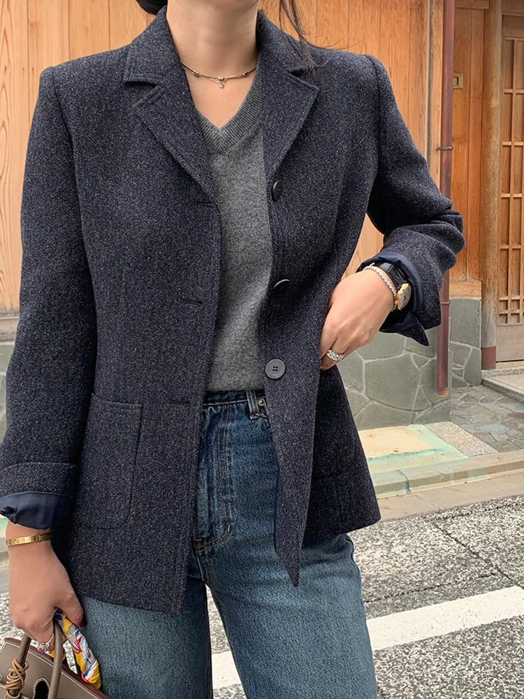 50 Wool Women Notched Collar Blazer Jacket Coat Fall Winter Thick Warm Overcoat Pocket Fashion Slim Waist Buttons Coat 2024 New