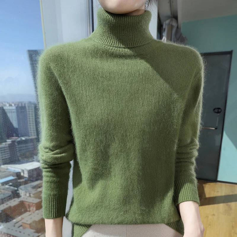 100% Mink Cashmere Top-Lapel Women Sweater Long-sleeves Fashion High-elasticity Sexy Winter Knitted Pullover Girl Tops 2024