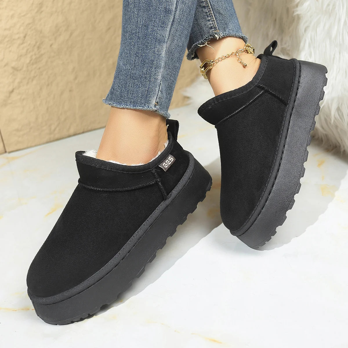 Snow Boots for Women 2026 Winter New Cashmere Warm Thick Soles Without Heel-covered Hair Half Slipper Cotton Shoes for Women