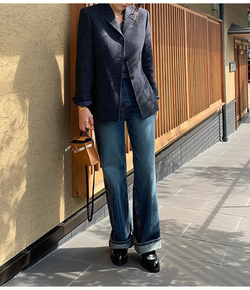 50 Wool Women Notched Collar Blazer Jacket Coat Fall Winter Thick Warm Overcoat Pocket Fashion Slim Waist Buttons Coat 2024 New