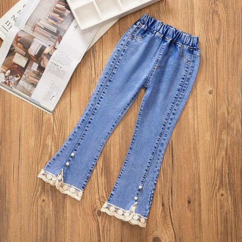 Girls Jeans Fashion Lace Elastic Waistline Denim Flared Pants Autumn Solid Color Trousers Teenager Spring Kid Girl Clothes 1-12Y