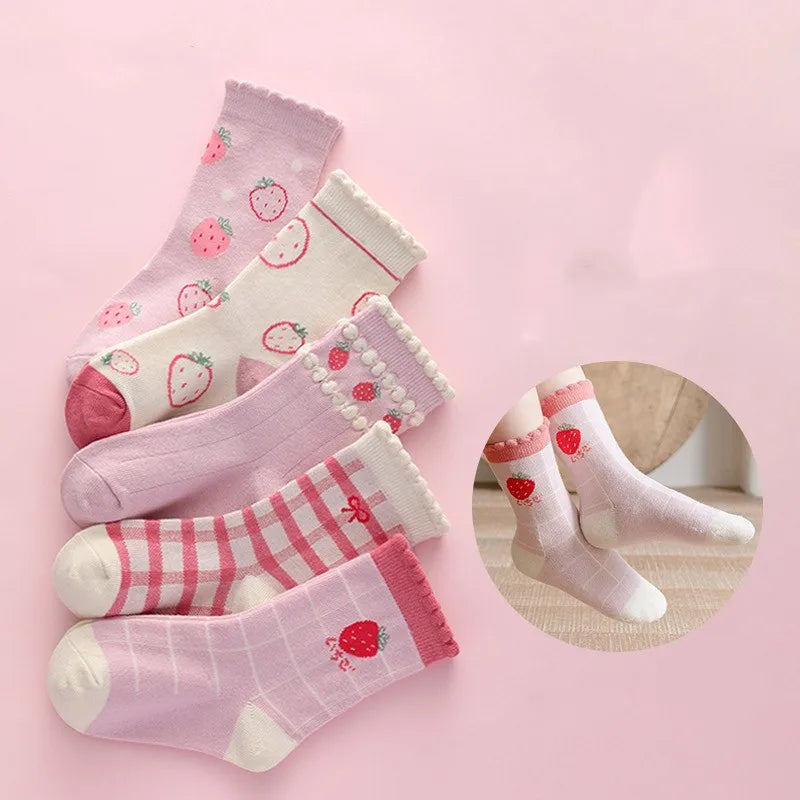 5 par/lote de calcetines de algodón suave para niños, calcetines coreanos con estampado de flores y corazones de amor para niñas, calcetines cálidos de tubo medio para otoño e invierno para niños