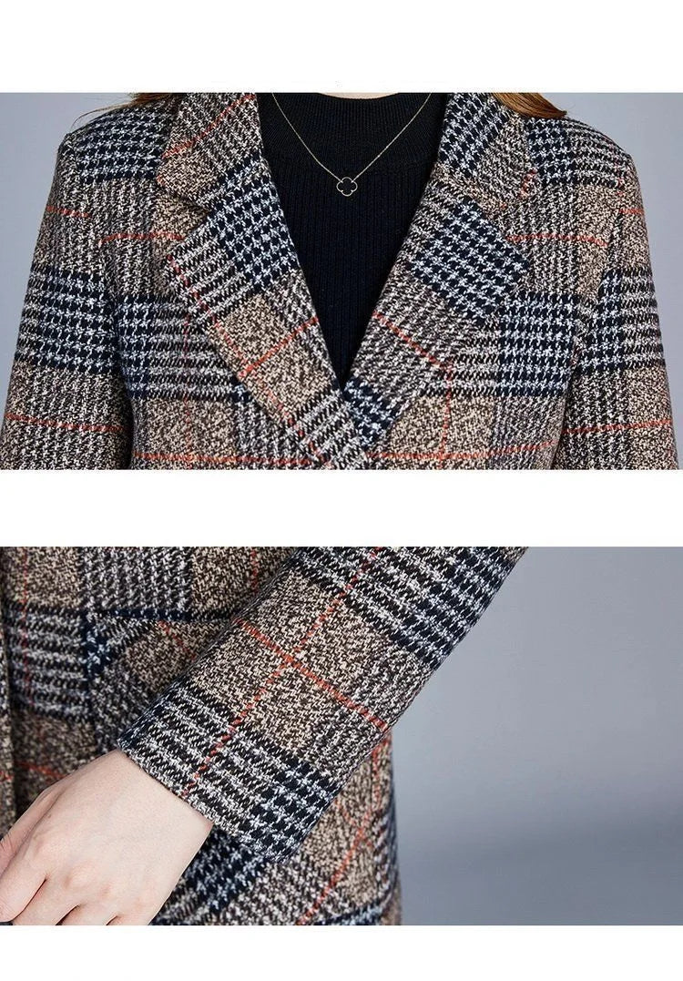 Mother's clothing Plaid Woolen Jacket 5xl Autumn Winter Female Thicken Slim Middle length Outwear Korea Women's Casual Wool Coat