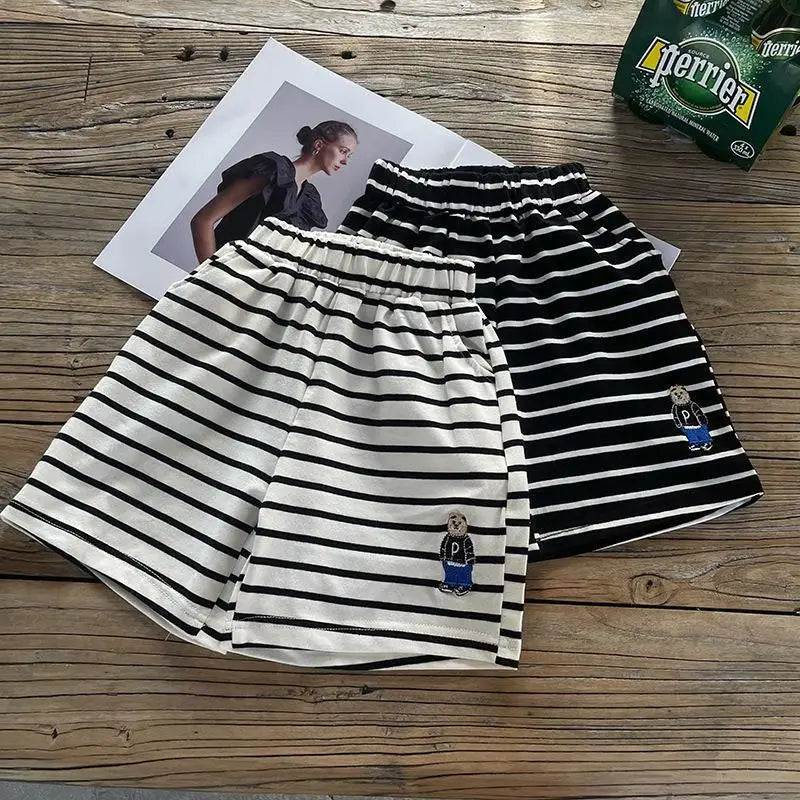 Boys' Striped T-shirt Short Sleeve Set New Children's Cotton Embroidery T-shirt Shorts Two Piece Set Girls' Baby Clothes Set