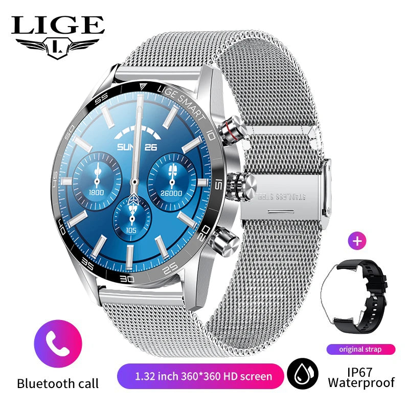 LIGE Men's Smart Watch Bluetooth Connection AMOLED Screen Smartwatch Men IP68 Waterproof Voice Call Samrtwatches for Android iOS