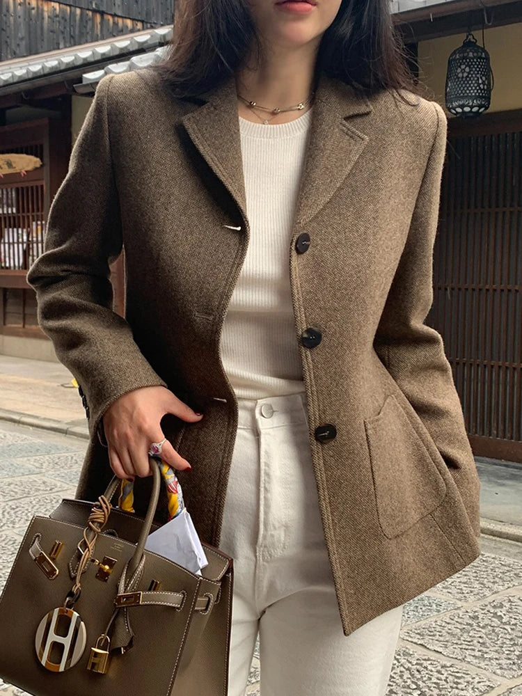 50 Wool Women Notched Collar Blazer Jacket Coat Fall Winter Thick Warm Overcoat Pocket Fashion Slim Waist Buttons Coat 2024 New