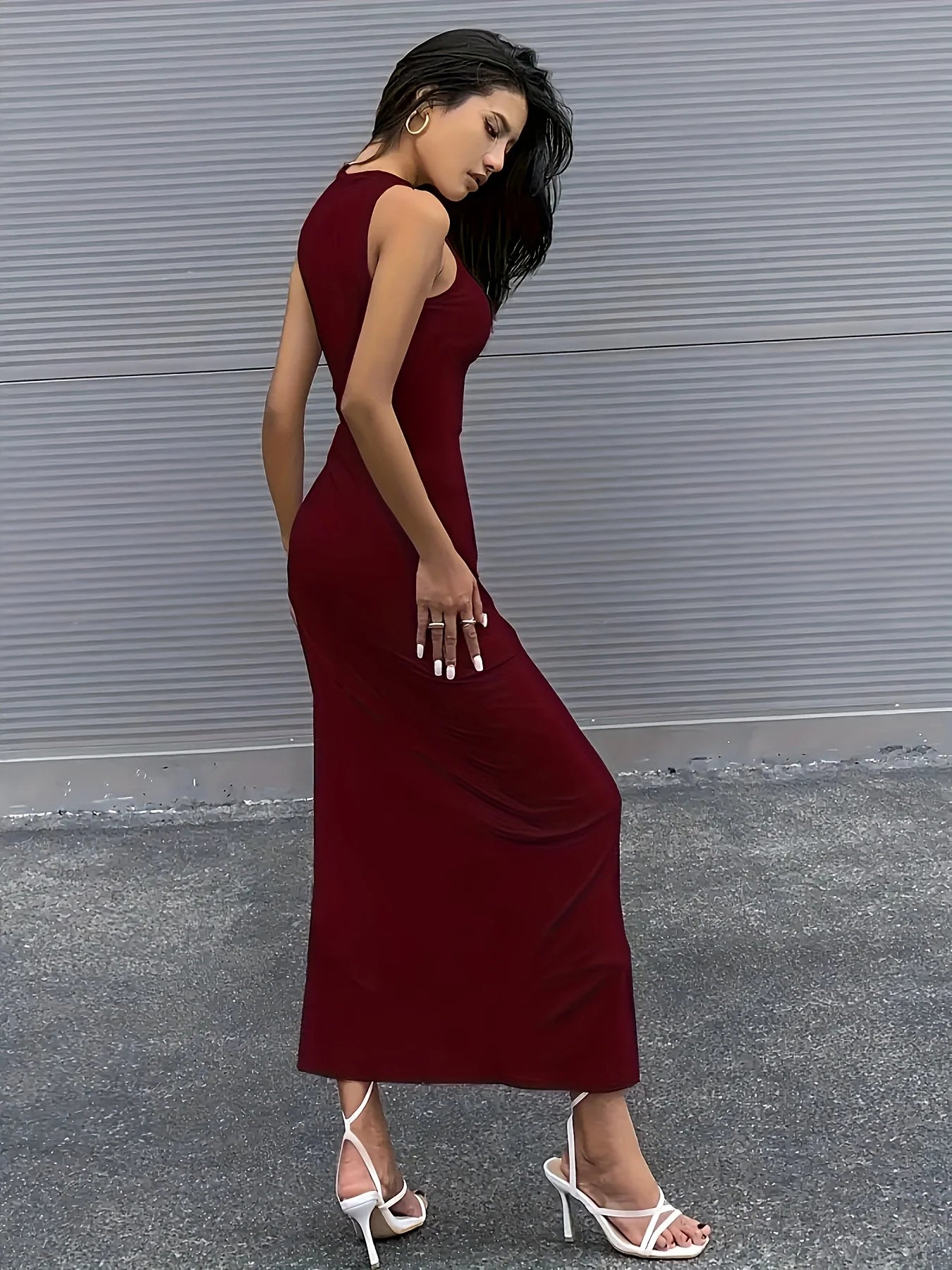 Spring and Summer Clothes Elegant and Sexy Pleated Slit Hem Round Neck Tight Waist Sleeveless Dress Long Skirt