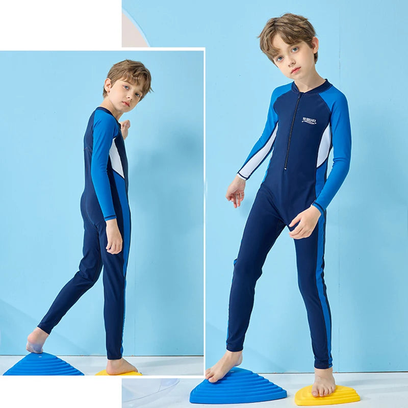 Full Body One Piece Boy Swimwear Long Sleeve Swimsuit Kids Teen Swimming Suit Children Beachwear Surfing Snorkeling