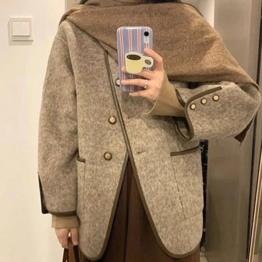Wool Blend Coat for Women Short Plain Half Long Sleeve Elegant Mixtures Jacket Woman Fashion 2025 Winter Clothes Single Cheap