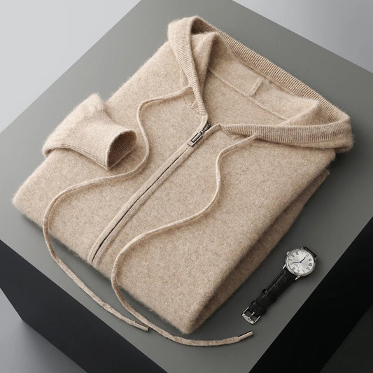 2025 New Men Knitted Plane Hooded Cardigan Cashmere Sweater Zipper Design Pocket Decoration High quality Thick Warmth Hoodie
