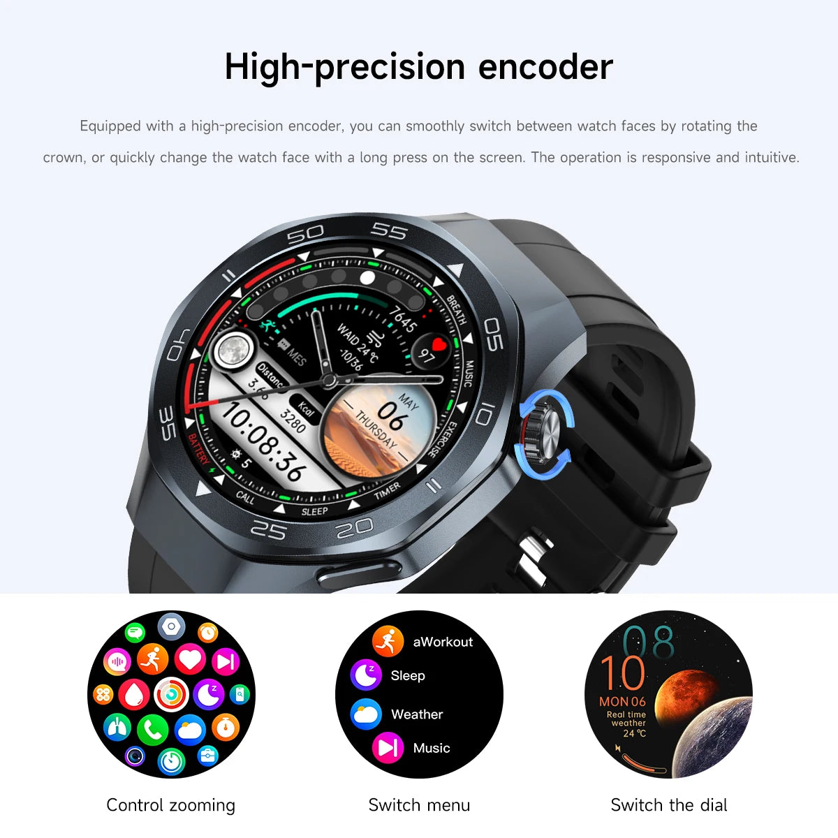 Men's Smart Watch 1.53" AMOLED Display Sapphire Glass GPS Bluetooth Call 3ATM Waterproof Health Monitor 520mAh Smartwatch