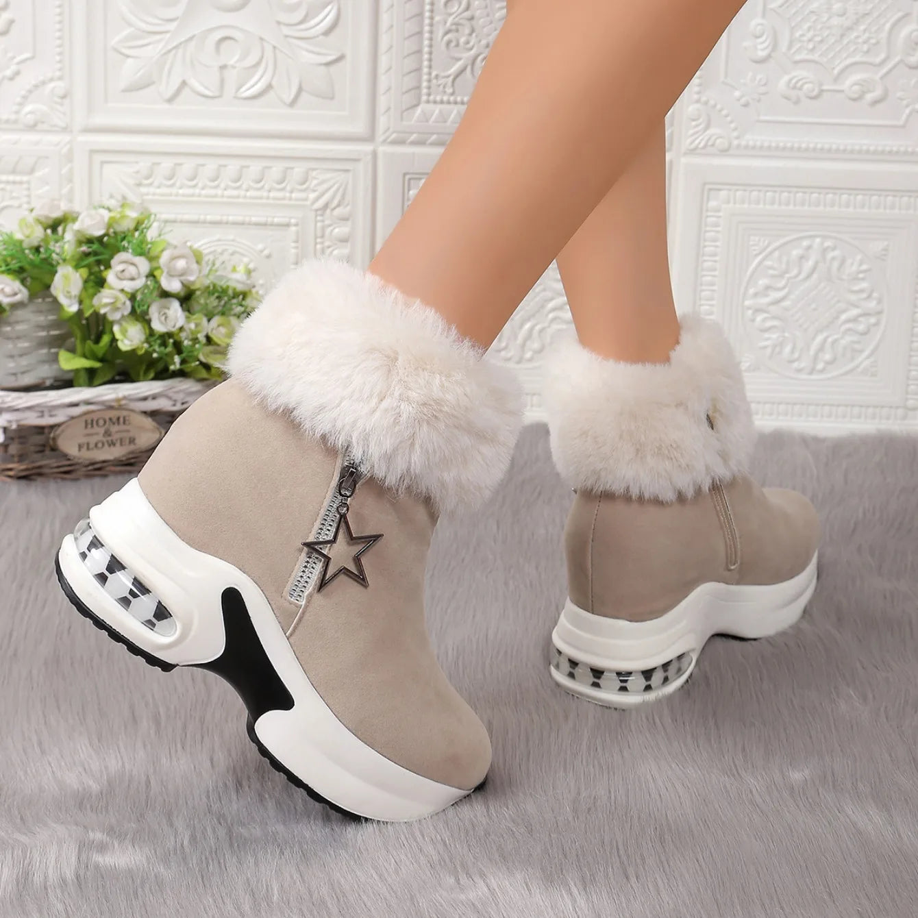 Women Boots Winter 2024 New Casual High Heels Warm Boots Thickened Fluff Wedge Shoes Fashion Outdoor Platform Snow Boots Women