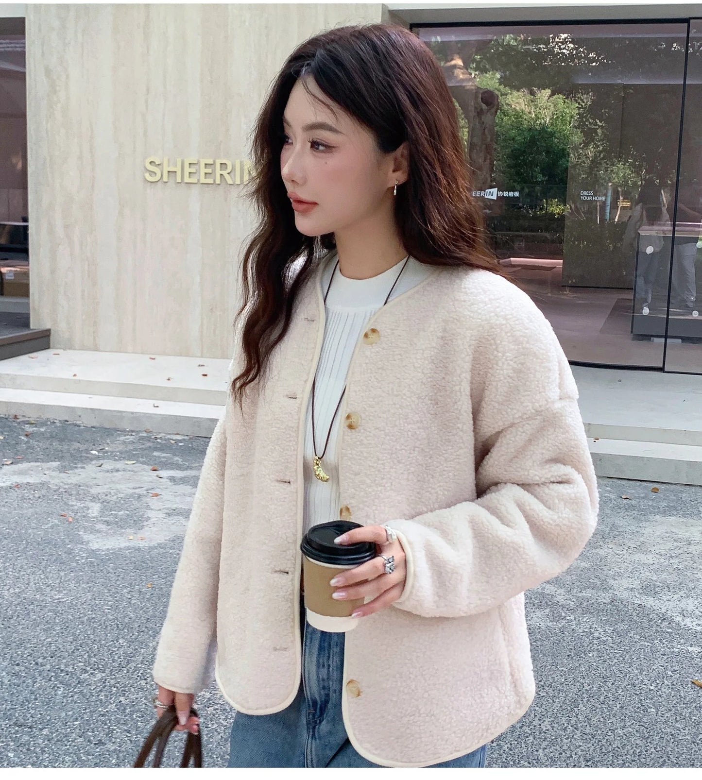 Round Neck Imitation Cashmere Jacket for Women Autumn Winter New Polar Fleece Casual Cardigan Long-sleeved Loose Top