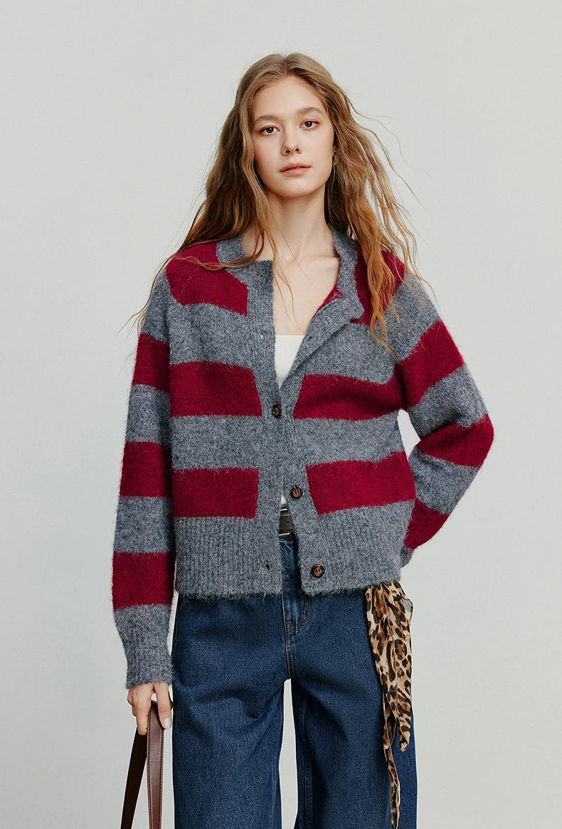 TOYOUTH Women Sweater 2025 Autumn New Color Contrasting Lulu Style Striped Cardigan Tops