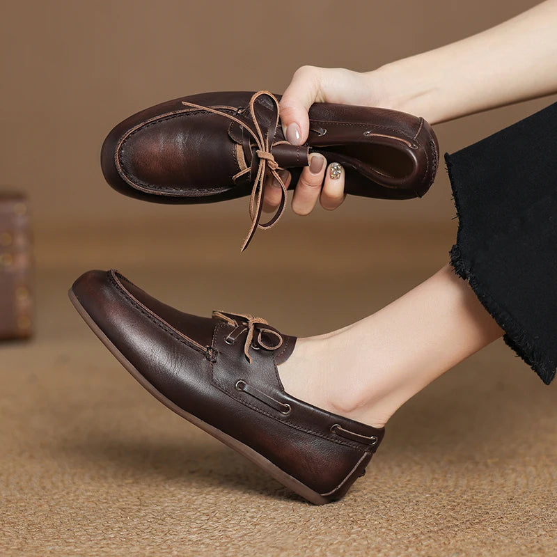 2026 New Spring Genuine Leather Women Shoes Round Toe Women Flats Shoes for Women Retro Lace Up Loafers Fashion Ladies Shoes