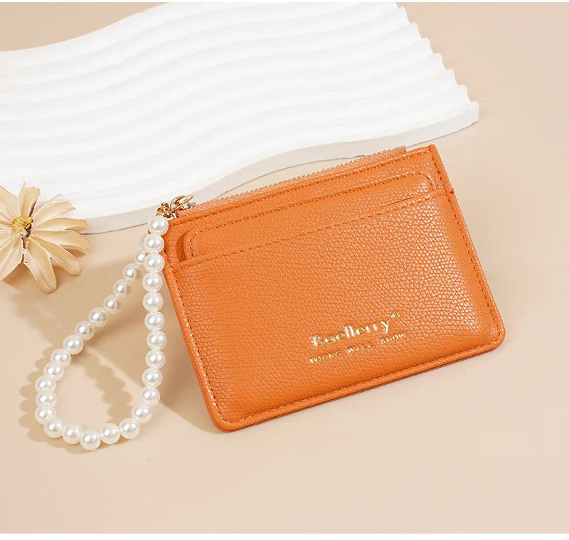 Fashionable Womens Card Case Ins Trend High Class Pearl PU Small Purse