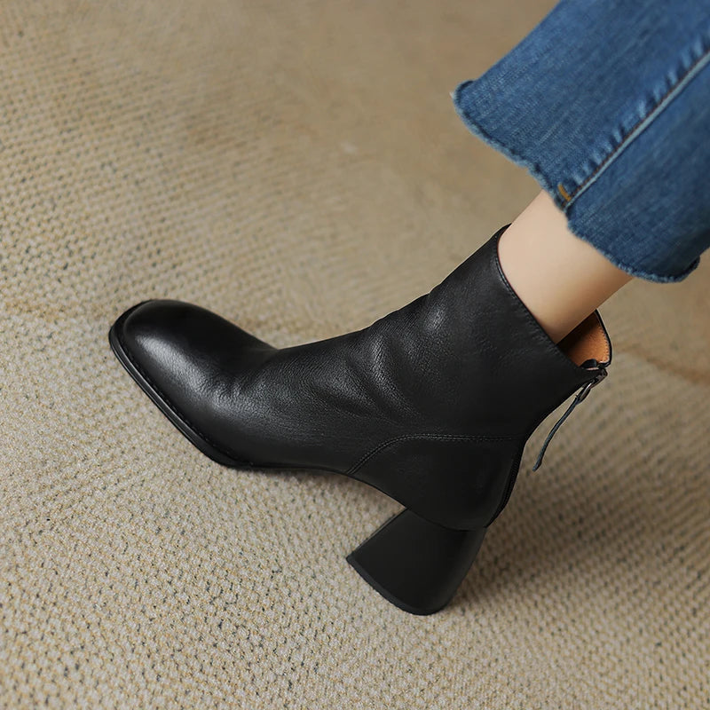 2024 Autumn/winter Women Boots High Heels Square Toe Short Boots Women Shoes Office Lady Gladiator Lady Shoes Genuine Leather