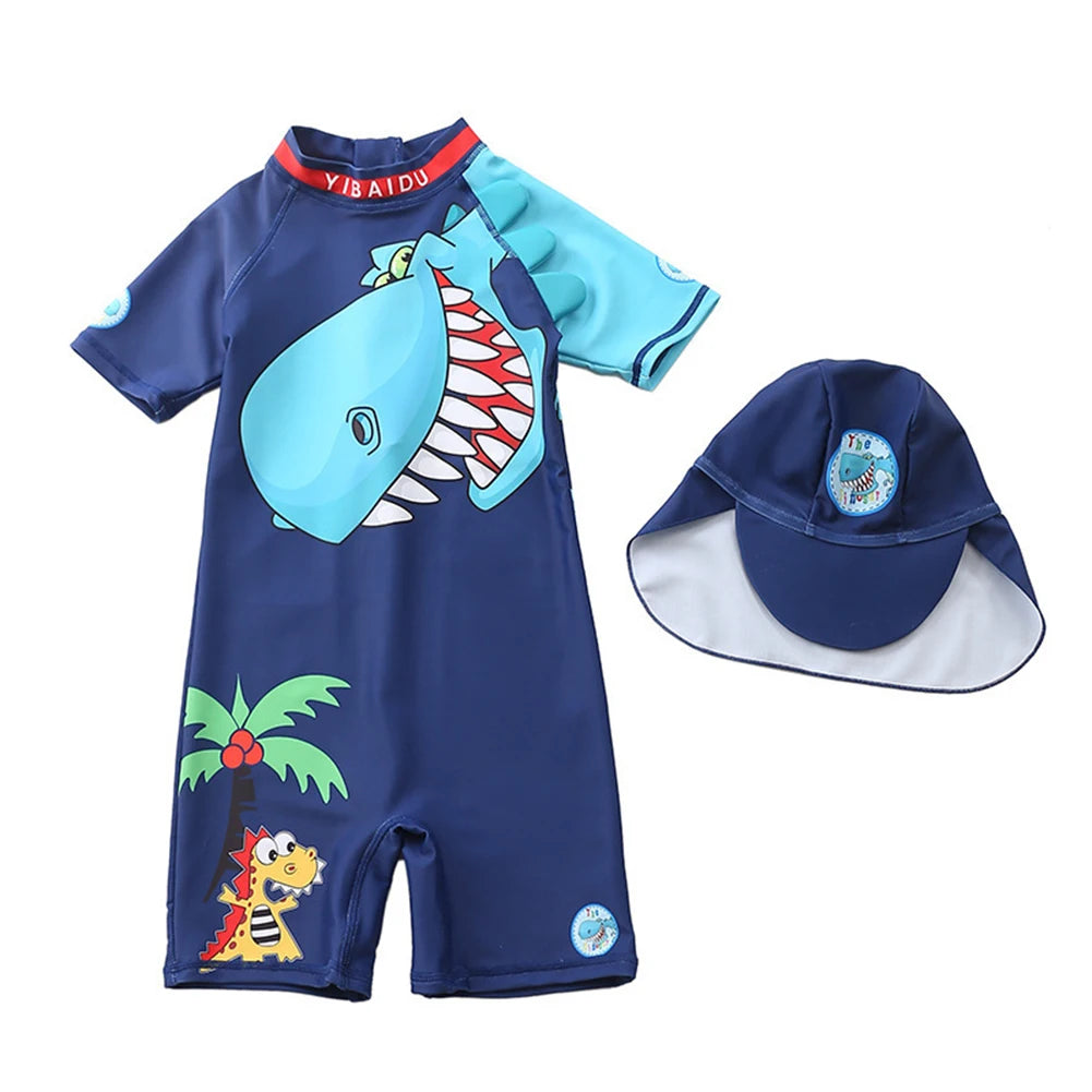 UPF50+ Baby Swimsuit Boys Cartoon Dinosaur Toddler Boy Zipper Swimwear with Sun Hat Rash Guard Surfing Suit Bathing Suit