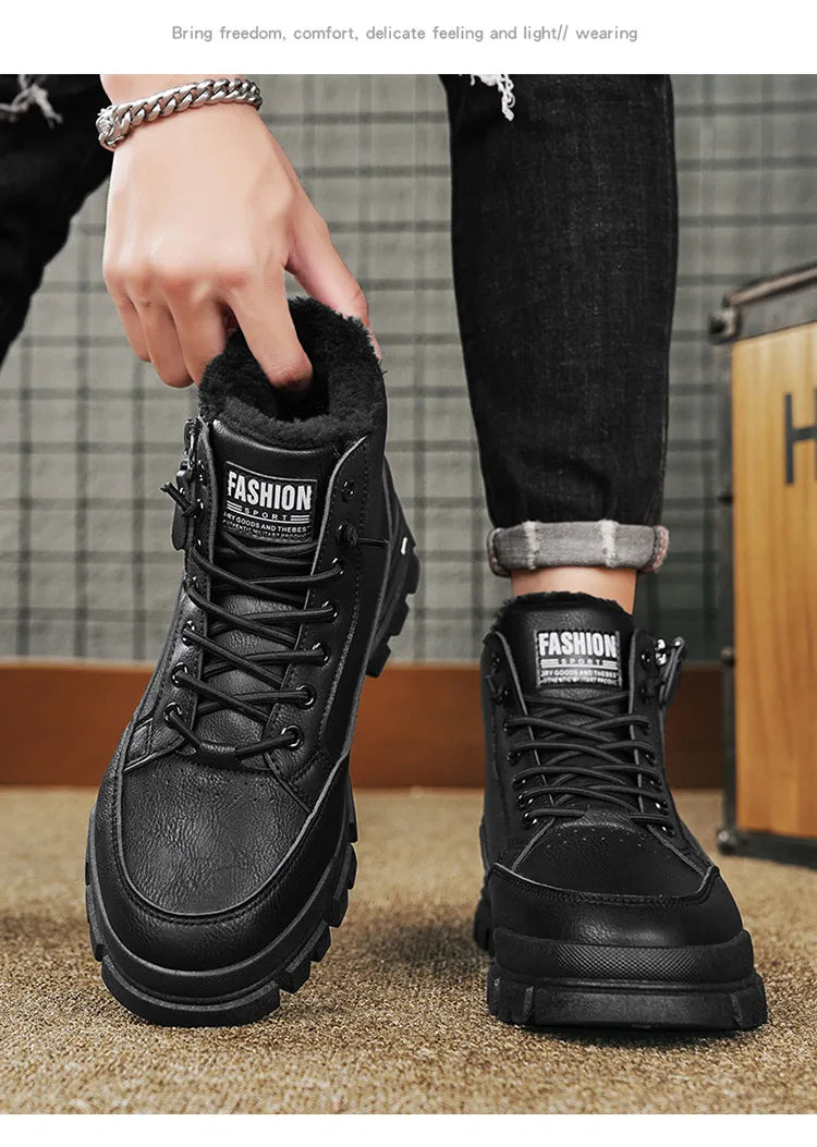 Winter Fleece-Lined Warm High-Top Men's Boots, Korean Style Versatile Men's Boots, Thickened Lightweight Cotton Shoes, Trendy Outdoor Snow Boots