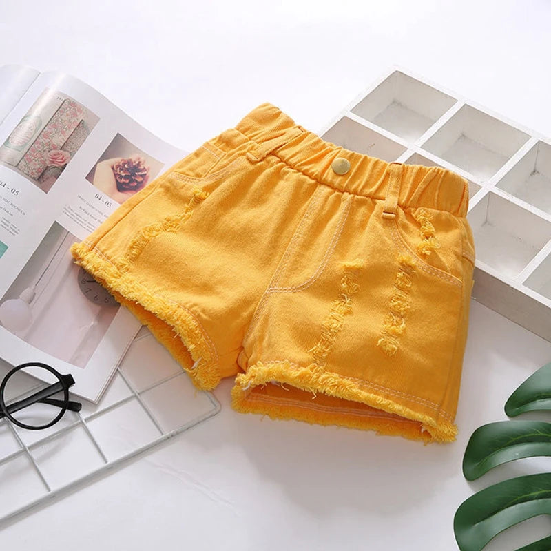 New Summer Girls Jeans Shorts Kids Clothes Baby Girl Cotton Hole  Denim Short Korean Toddler Casual Pants 3 4 6 8 10 12Y