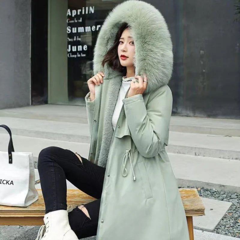 Winter Women Clothes Wool Liner Jacket Casual Thick Parka Fur Collar Long Coat Warm Hooded Snow Wear Padded Solid Colour Jackets