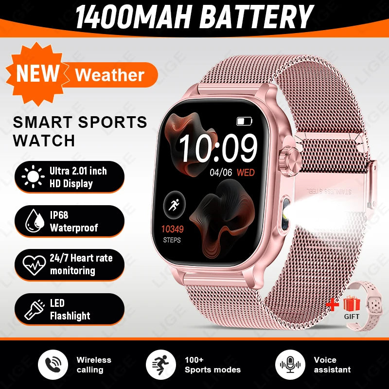 LIGE New Smart Watch Men Women 1400mAh Ultra Battery 2.01Inch HD Screen LED Flashlight IP68 Waterproof Bluetooth Call SmartWatch