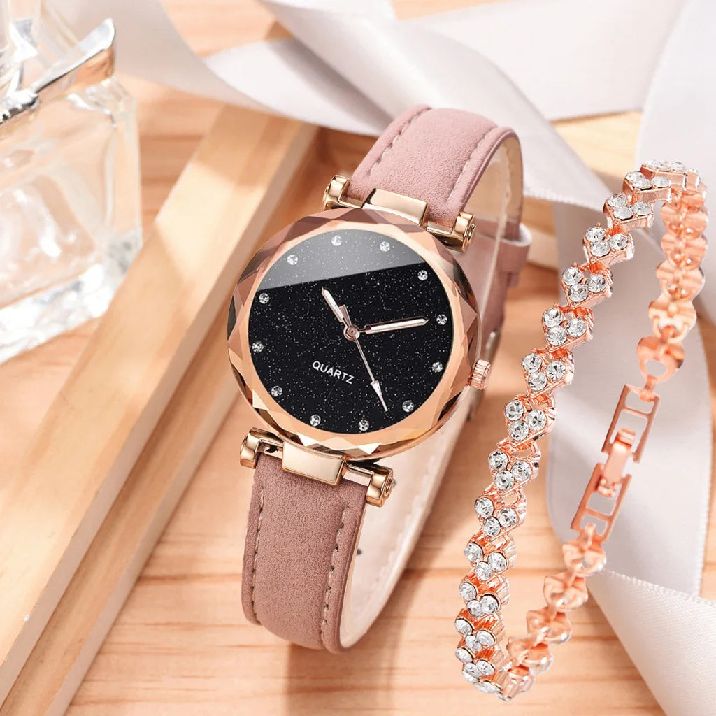 2pcs Luxury Fashion Women Watch Set PU Leather Strap Ladies Quartz Wristwatch Rhinestone RoseGold Alloy Bracelet For Ladies Gift