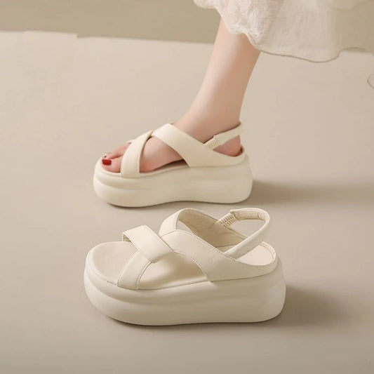 Luxe Cream Cloud-Style Platform Sandals Cross-Band Chunky Sole Slides Comfortable Walking Shoes Backless Casual Summer Mules