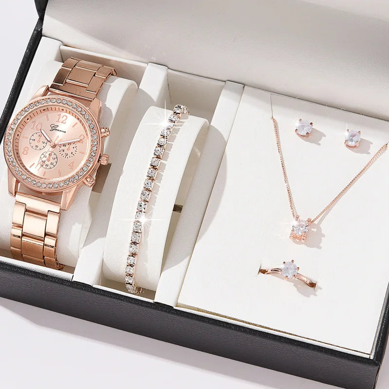 New 6PCS Set Rose Gold Luxury Watch Women Ring Necklace Earring Rhinestone Fashion Wristwatch Casual Ladies Bracelet Watches