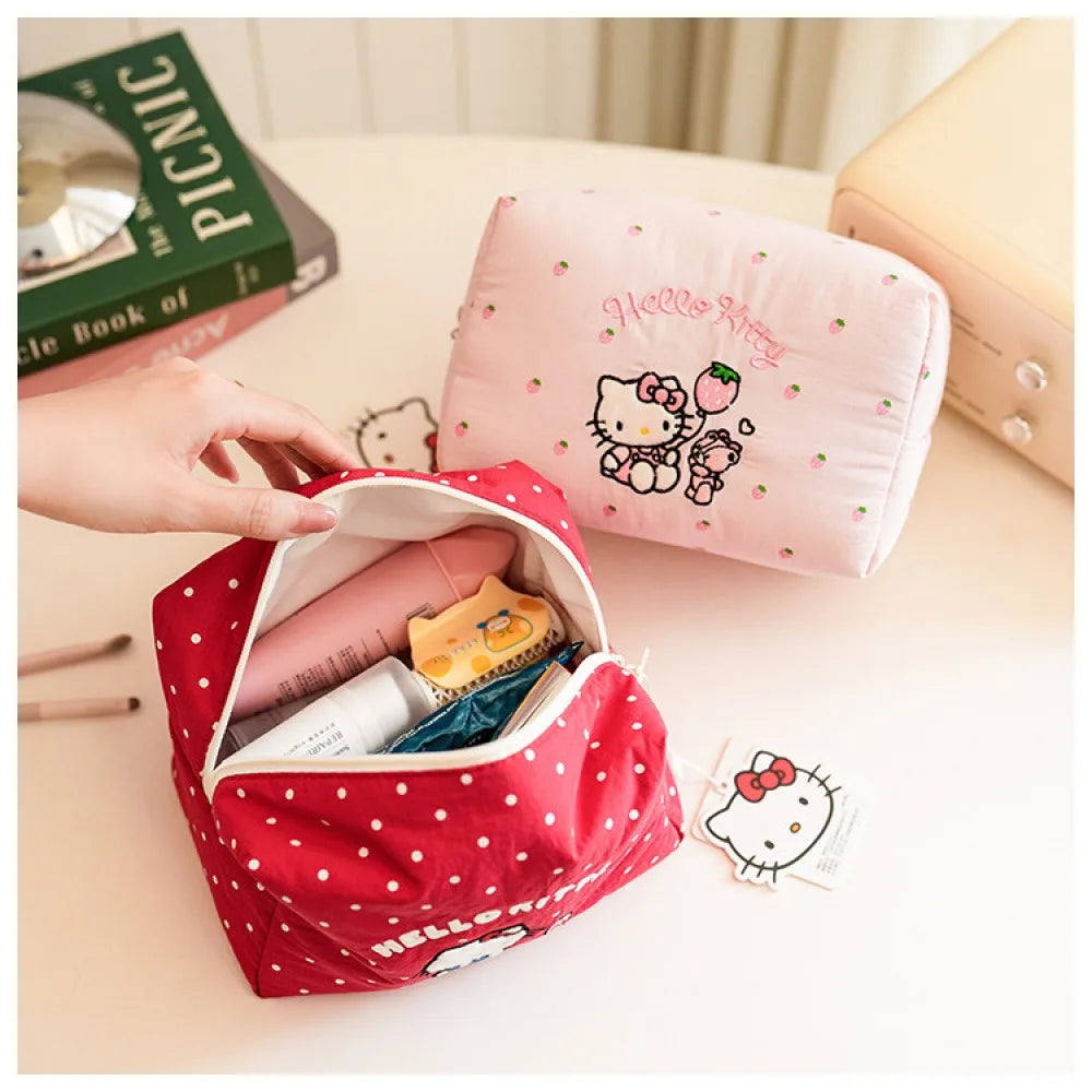 Strawberry Milk Cartoon Hello Kitty Soft Cotton Makeup Bag for Girls, Portable Skincare Organizer, Student Toiletry Bag, Cute Ca